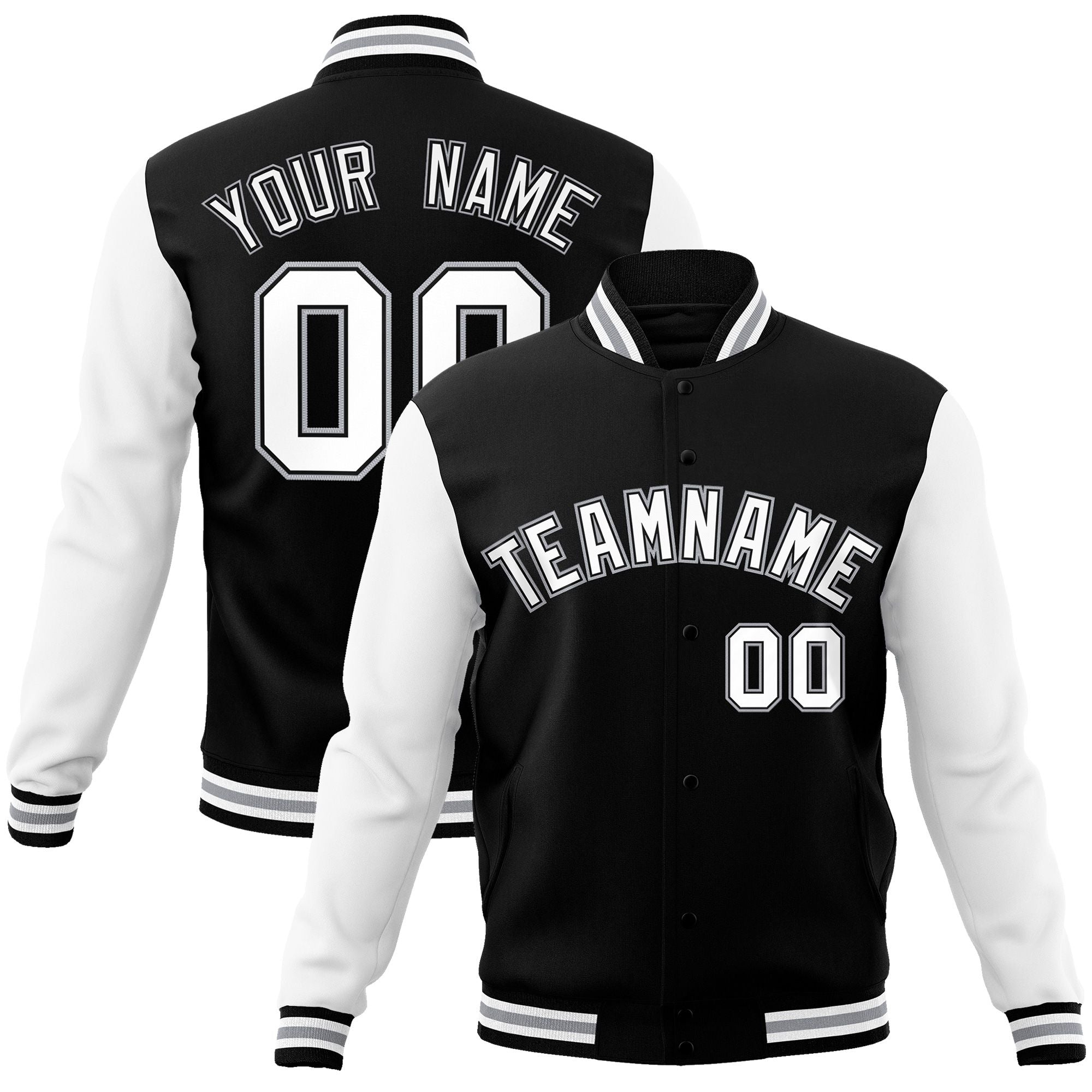 Custom Black White-Black Raglan Sleeves Varsity Full-Snap Letterman Jacket