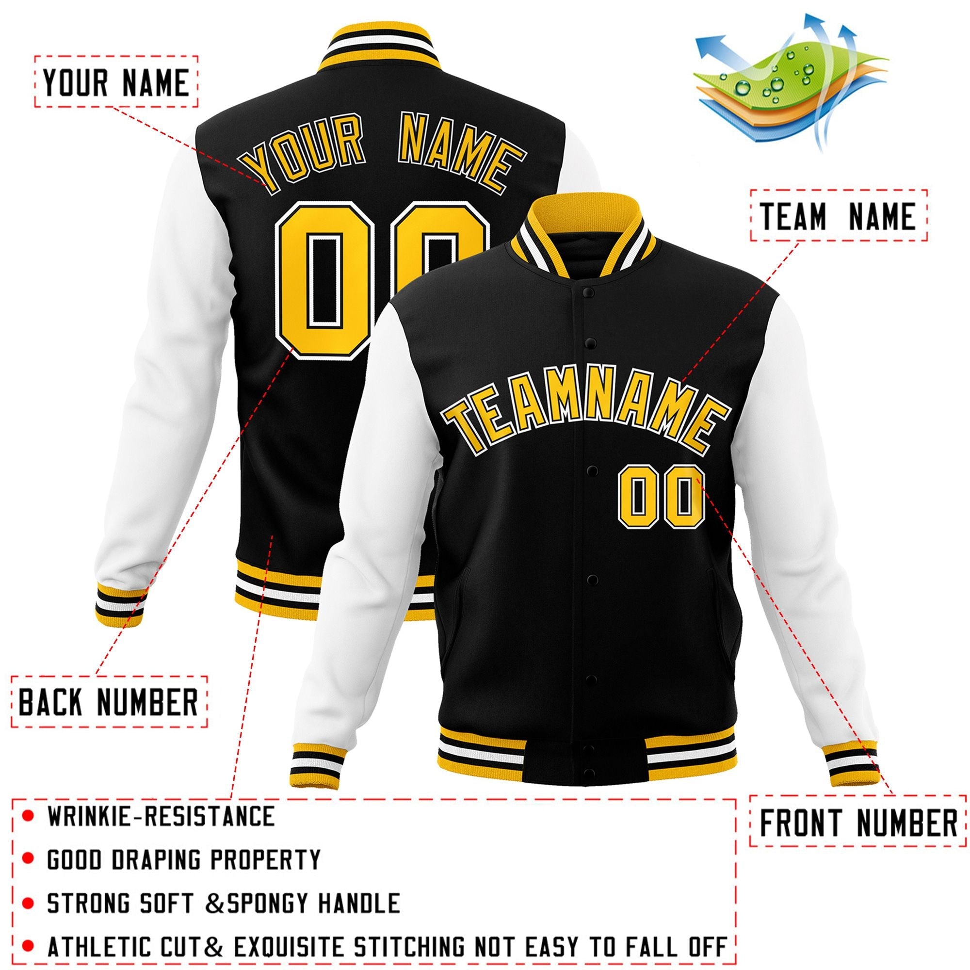 Custom Black Gold-Black Raglan Sleeves Varsity Full-Snap Letterman Jacket