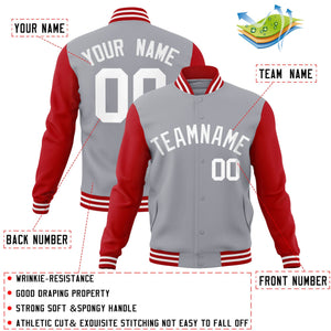 Veste Letterman Varsity Full-Snap à manches raglan blanches et grises personnalisées