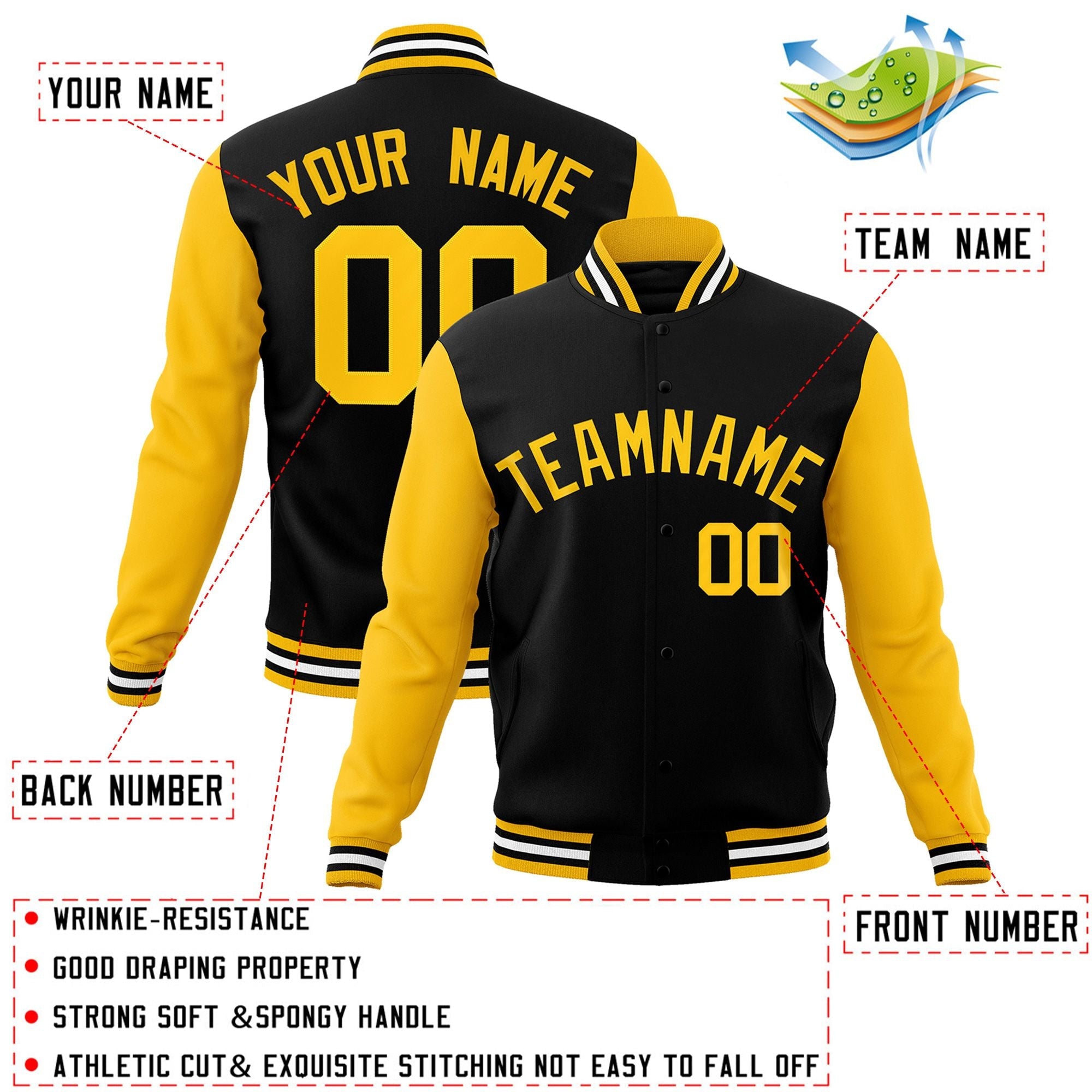 Custom Black Gold Raglan Sleeves Varsity Full-Snap Letterman Jacket