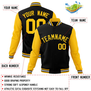 Custom Black Gold Raglan Sleeves Varsity Full-Snap Letterman Jacket