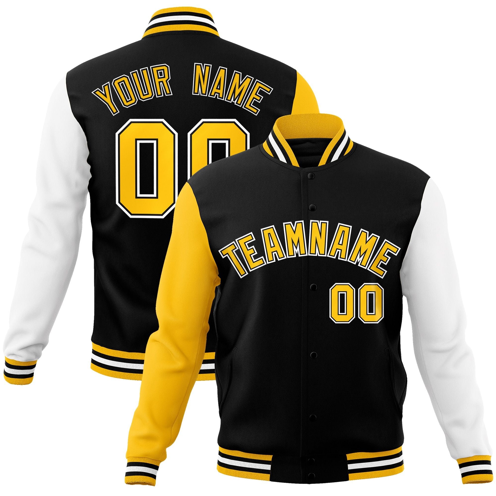 Custom Black Gold-Black Raglan Sleeves Varsity Full-Snap Letterman Jacket