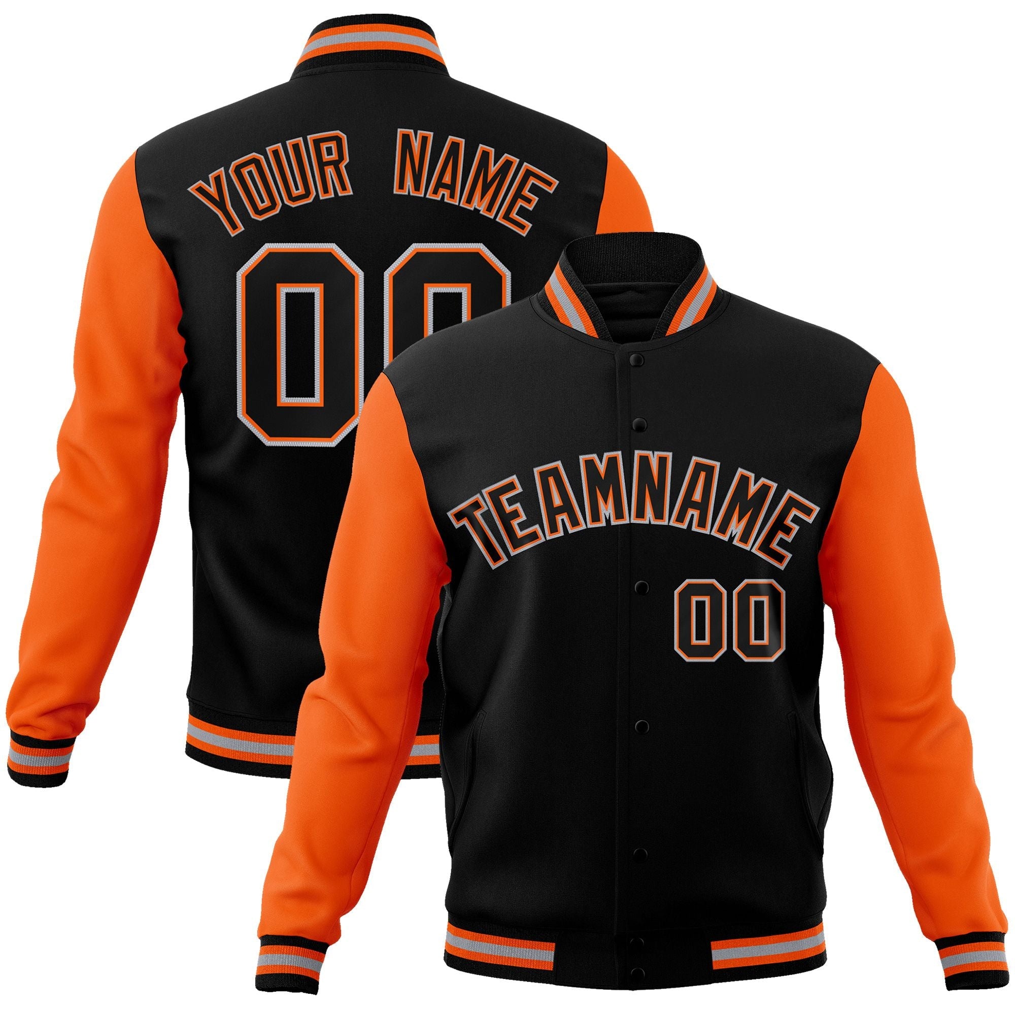 Custom Black Black-Orange Raglan Sleeves Varsity Full-Snap Letterman Jacket