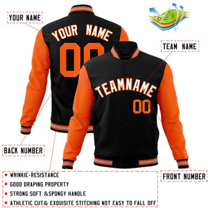 Veste Letterman Varsity Full-Snap à manches raglan personnalisées noir blanc-orange