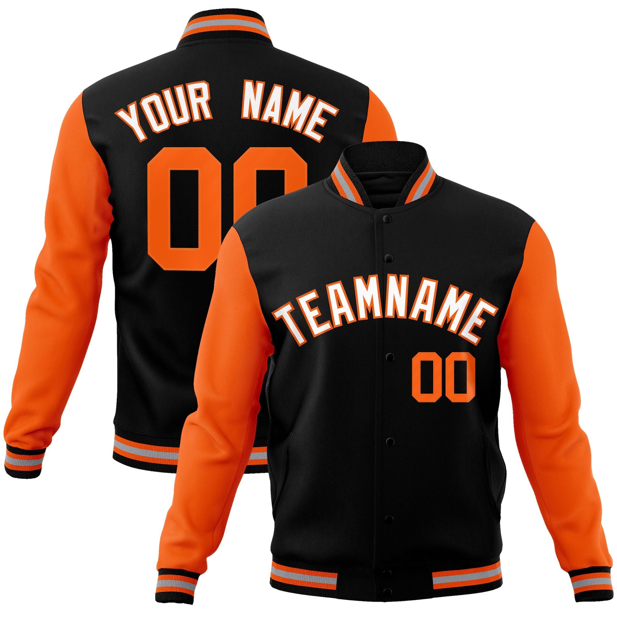 Custom Black White-Orange Raglan Sleeves Varsity Full-Snap Letterman Jacket