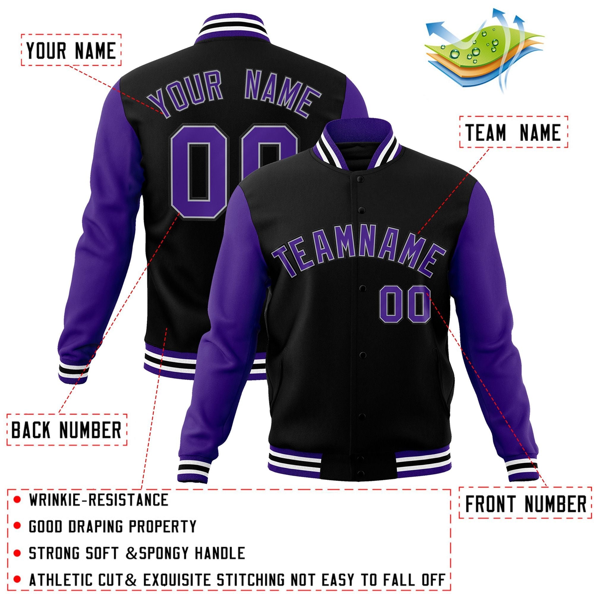 Custom Black Purple-White Raglan Sleeves Varsity Full-Snap Letterman Jacket