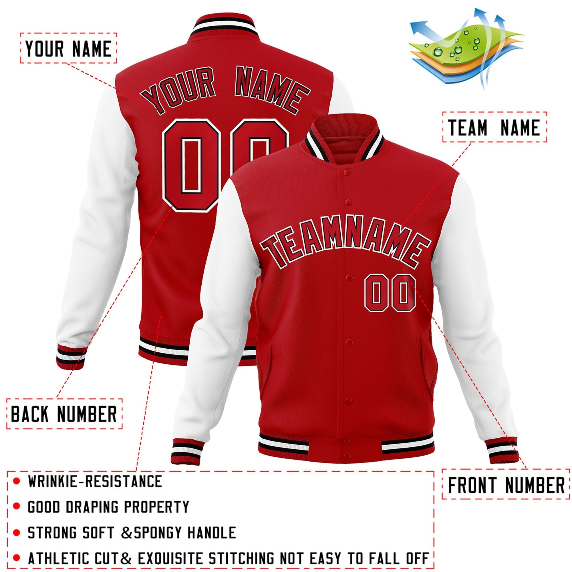 Veste Letterman Varsity Full-Snap à manches raglan rouge-noir personnalisée