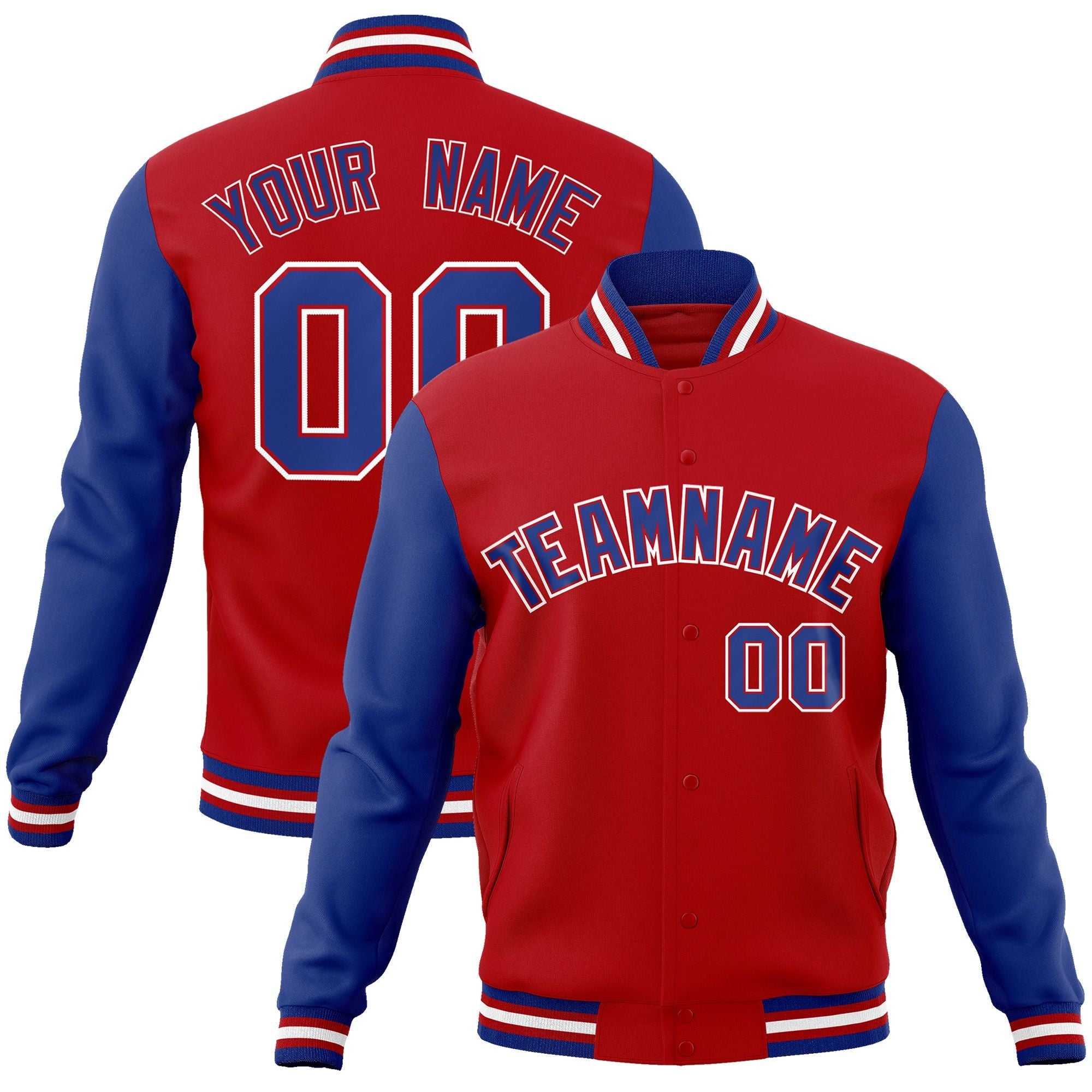 Custom Red Royal-Red Raglan Sleeves Varsity Full-Snap Letterman Jacket