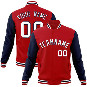 Custom Red White-Navy Raglan Sleeves Varsity Full-Snap Letterman Jacket