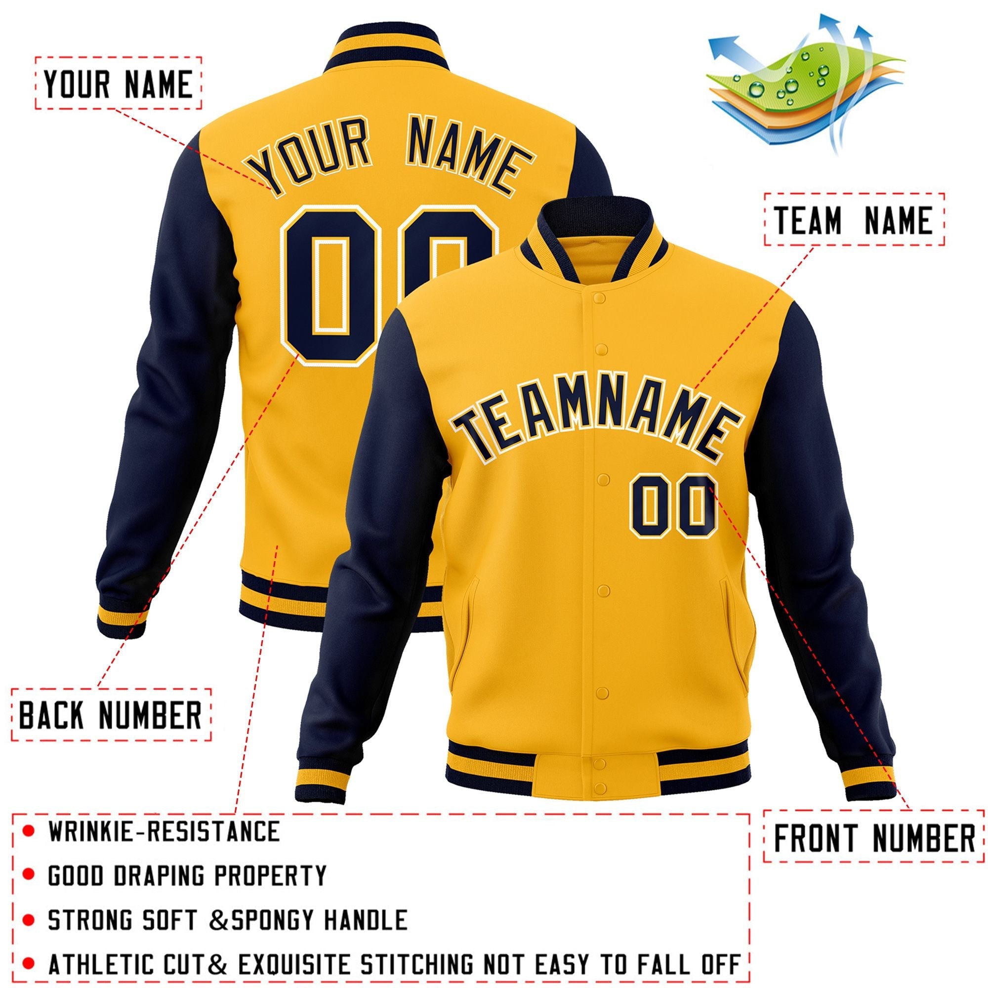 Veste Letterman Varsity Full-Snap Custom Gold Navy-Gold à manches raglan