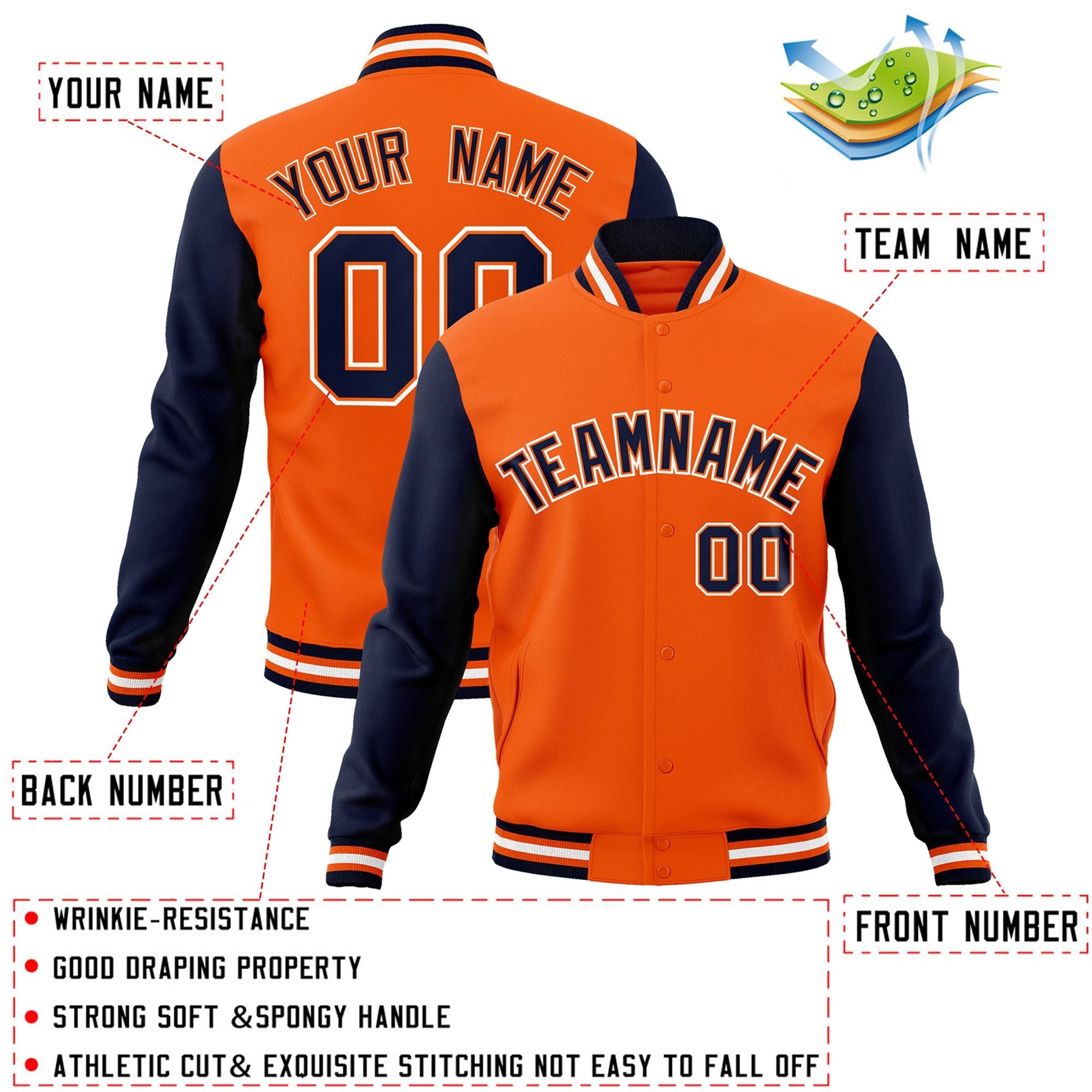 Custom Orange Navy-Orange Raglan Sleeves Varsity Full-Snap Letterman Jacket