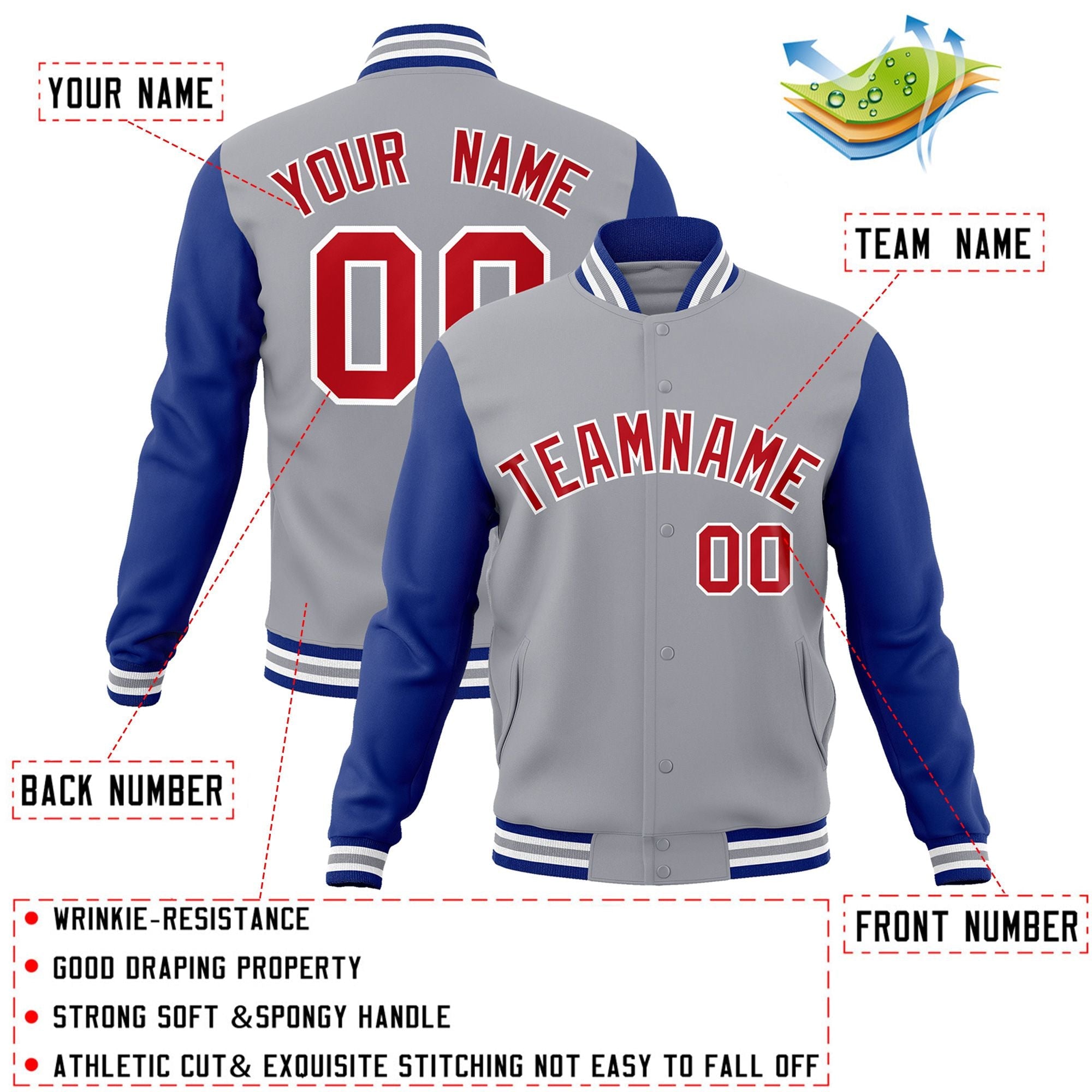 Veste Letterman Varsity Full-Snap à manches raglan gris rouge-blanc personnalisée