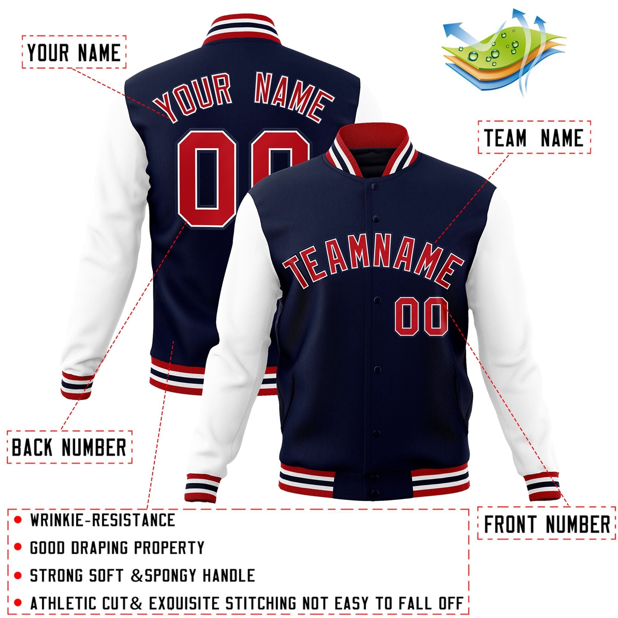 Custom Navy Red-White Raglan Sleeves Varsity Full-Snap Letterman Jacket