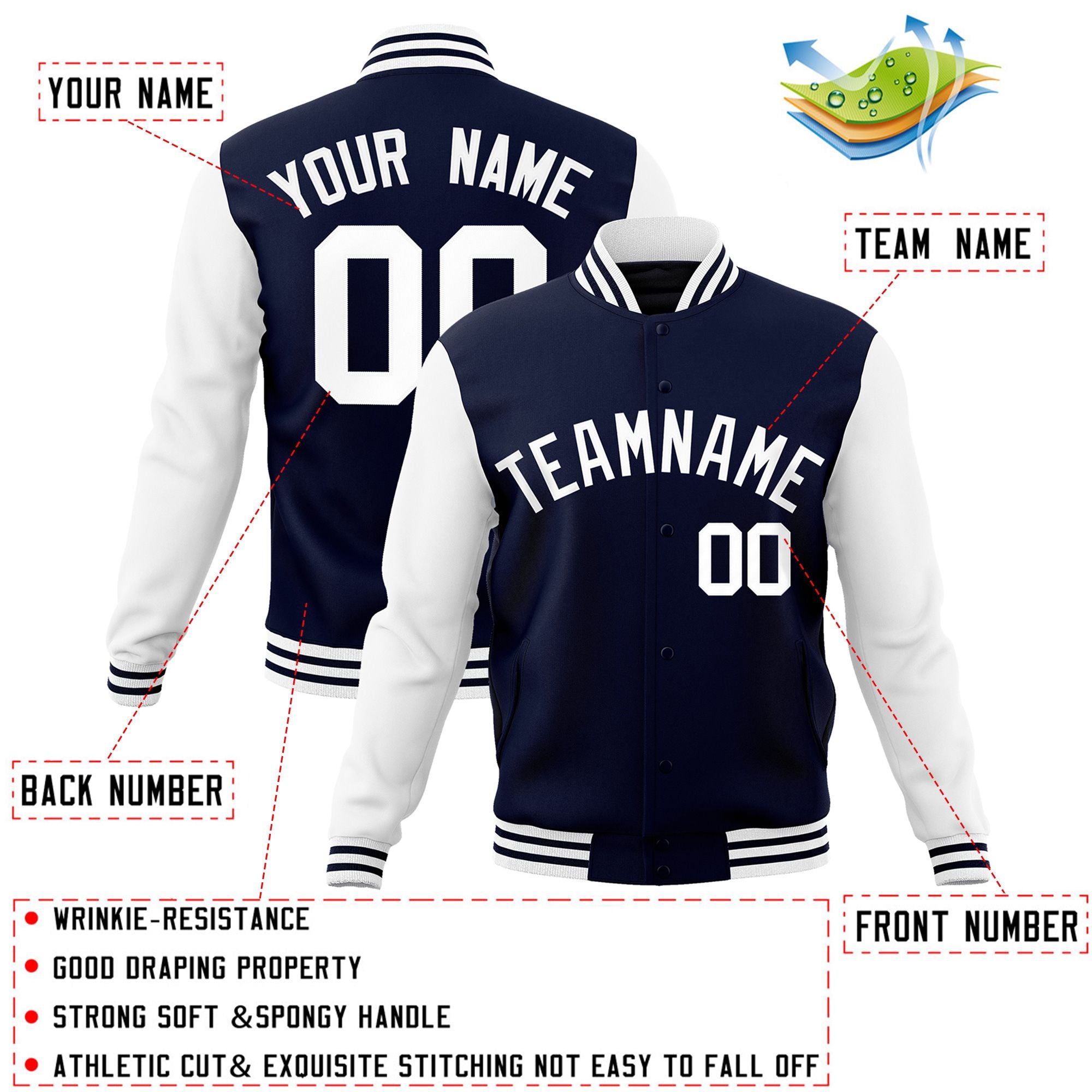 Custom Navy White Raglan Sleeves Varsity Full-Snap Letterman Jacket