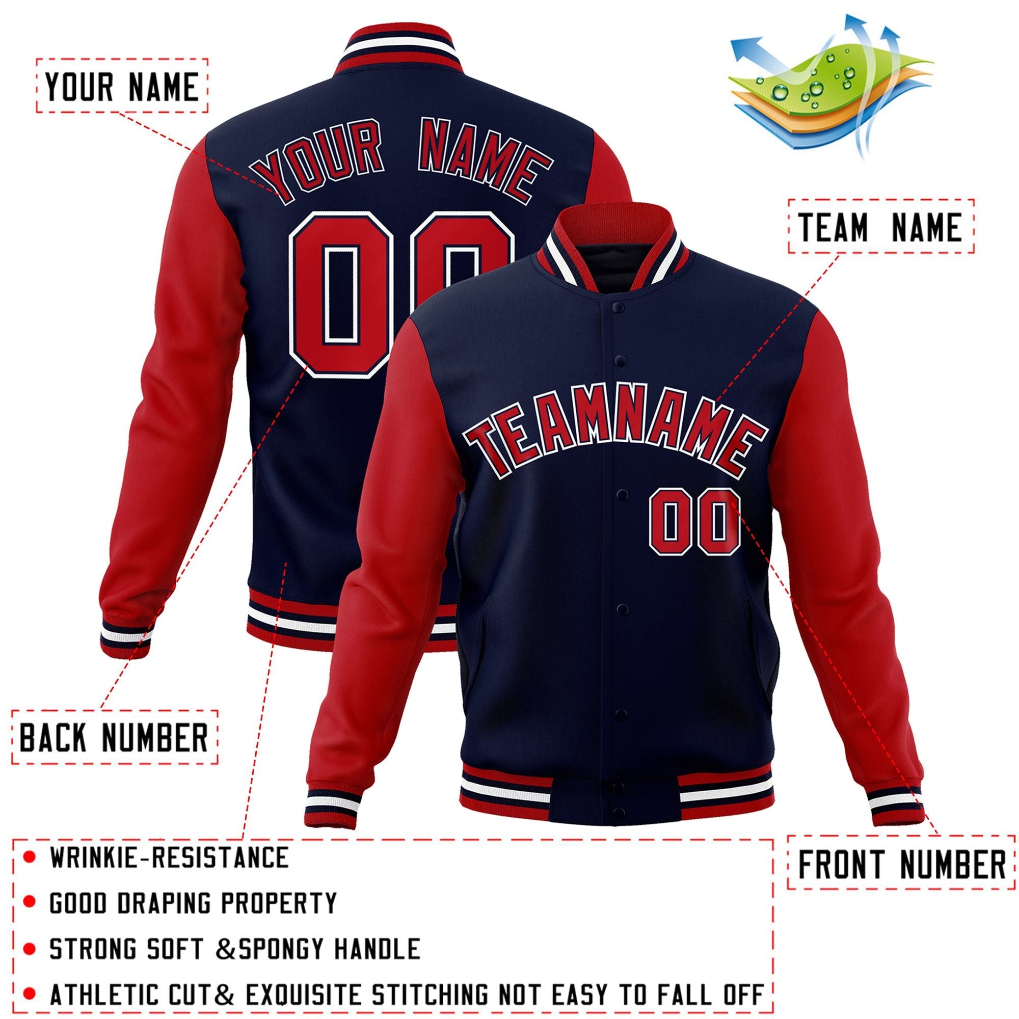 Veste Letterman universitaire à manches raglan rouge-marine personnalisée