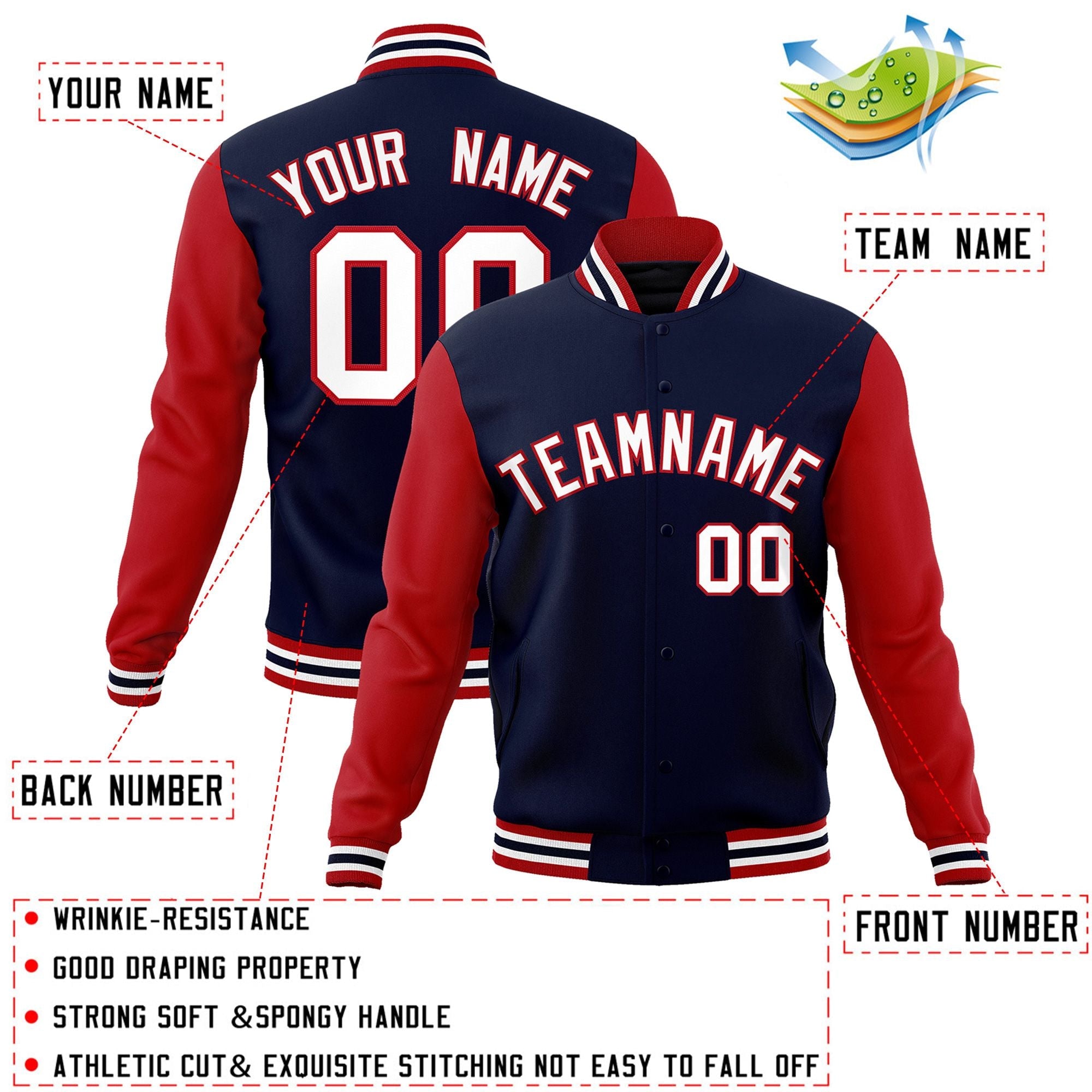 Custom Navy White-Red Raglan Sleeves Varsity Full-Snap Letterman Jacket