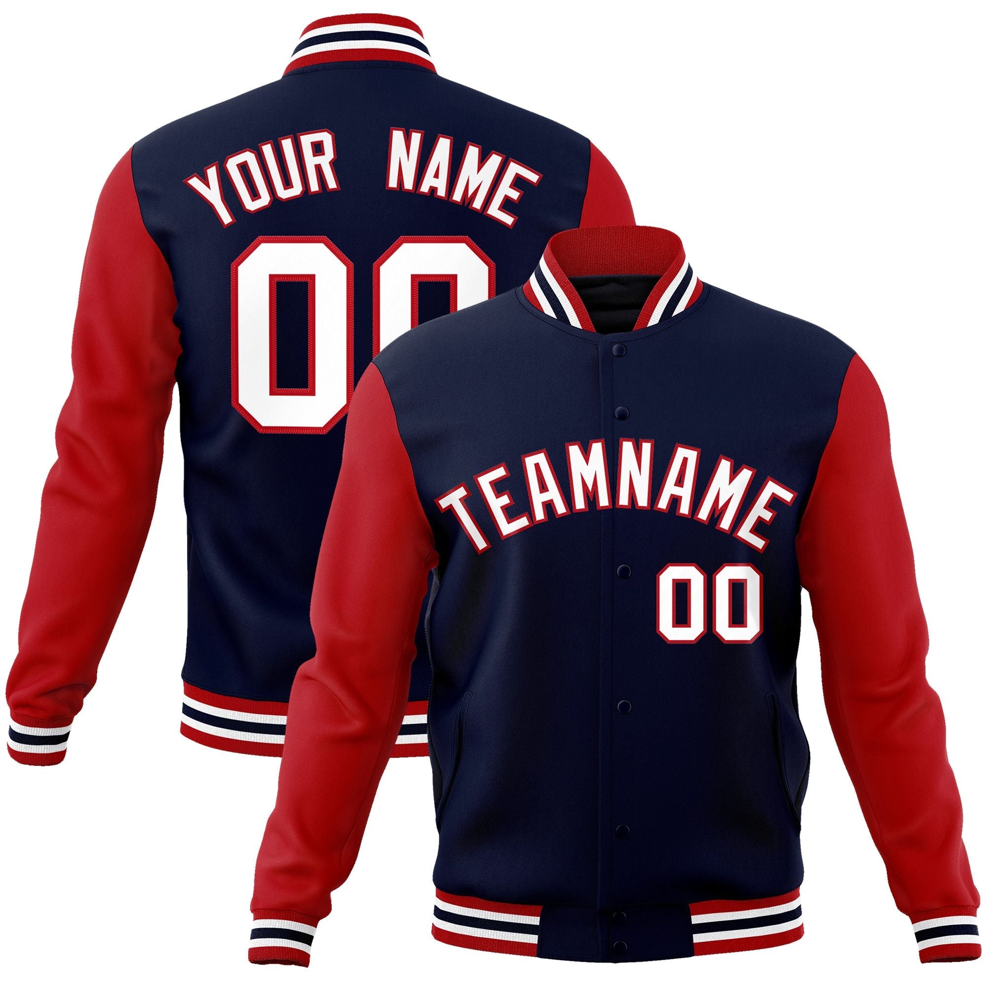 Custom Navy White-Red Raglan Sleeves Varsity Full-Snap Letterman Jacket