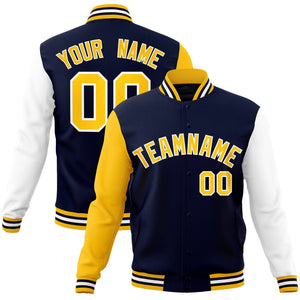 Custom Navy Gold-White Raglan Sleeves Varsity Full-Snap Letterman Jacket