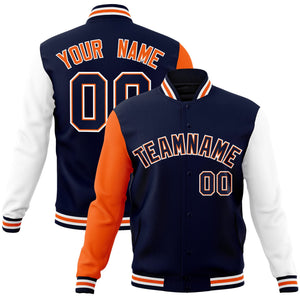 Custom Navy Navy-Orange Raglan Sleeves Varsity Full-Snap Letterman Jacket