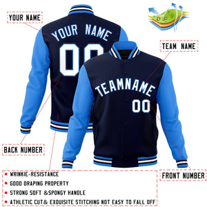 Custom Navy White-Powder Blue Raglan Sleeves Varsity Full-Snap Letterman Jacket