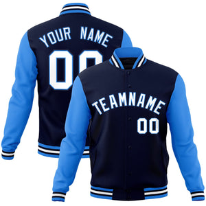 Custom Navy White-Powder Blue Raglan Sleeves Varsity Full-Snap Letterman Jacket