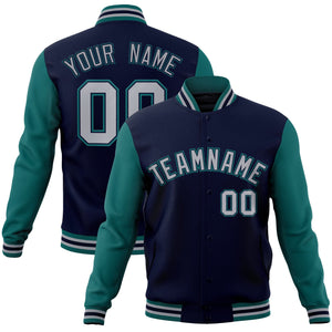 Custom Navy Gray-Navy Raglan Sleeves Varsity Full-Snap Letterman Jacket