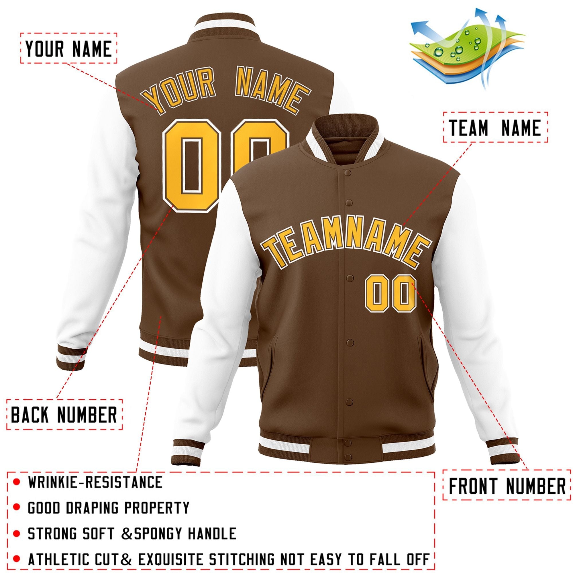 Custom Light Brown Gold-White Raglan Sleeves Varsity Full-Snap Letterman Jacket