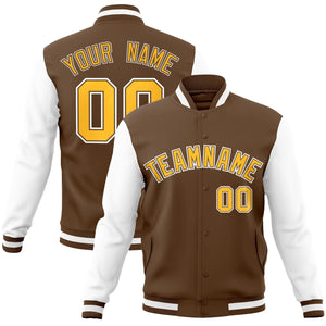 Custom Light Brown Gold-White Raglan Sleeves Varsity Full-Snap Letterman Jacket