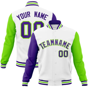 Custom White Purple-White Raglan Sleeves Varsity Full-Snap Letterman Jacket