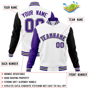 Veste Letterman Varsity Full-Snap personnalisée à manches raglan blanc violet-blanc