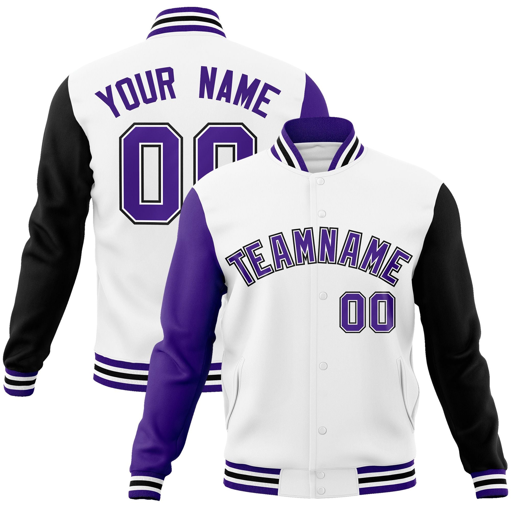 Custom White Purple-White Raglan Sleeves Varsity Full-Snap Letterman Jacket