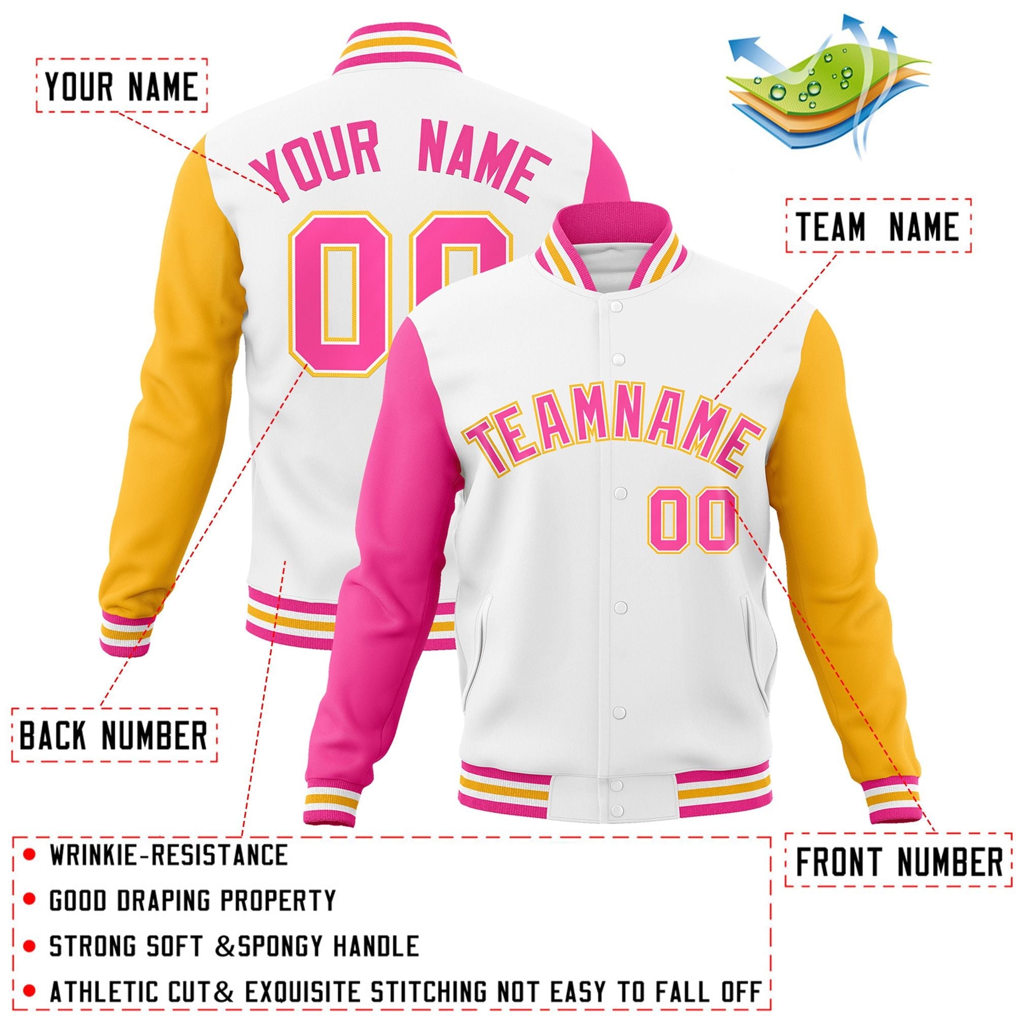 Veste Letterman Varsity Full-Snap à manches raglan blanc rose-blanc personnalisée