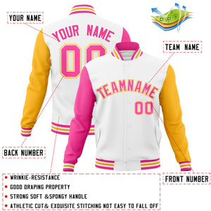 Veste Letterman Varsity Full-Snap à manches raglan blanc rose-blanc personnalisée