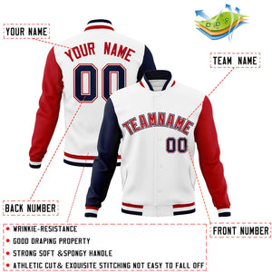 Custom White Red-White Raglan Sleeves Varsity Full-Snap Letterman Jacket