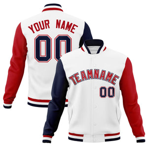 Custom White Red-White Raglan Sleeves Varsity Full-Snap Letterman Jacket