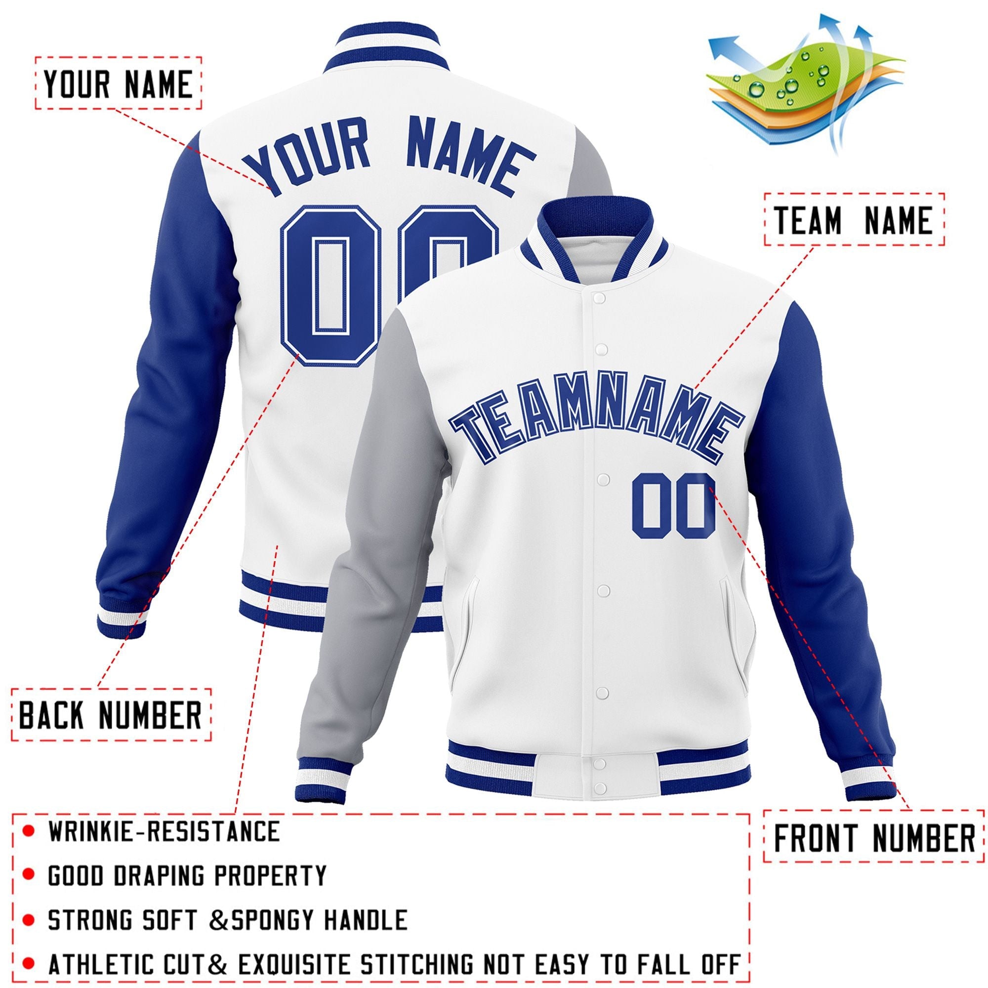 Veste Letterman Varsity Full-Snap à manches raglan blanc royal-blanc personnalisée