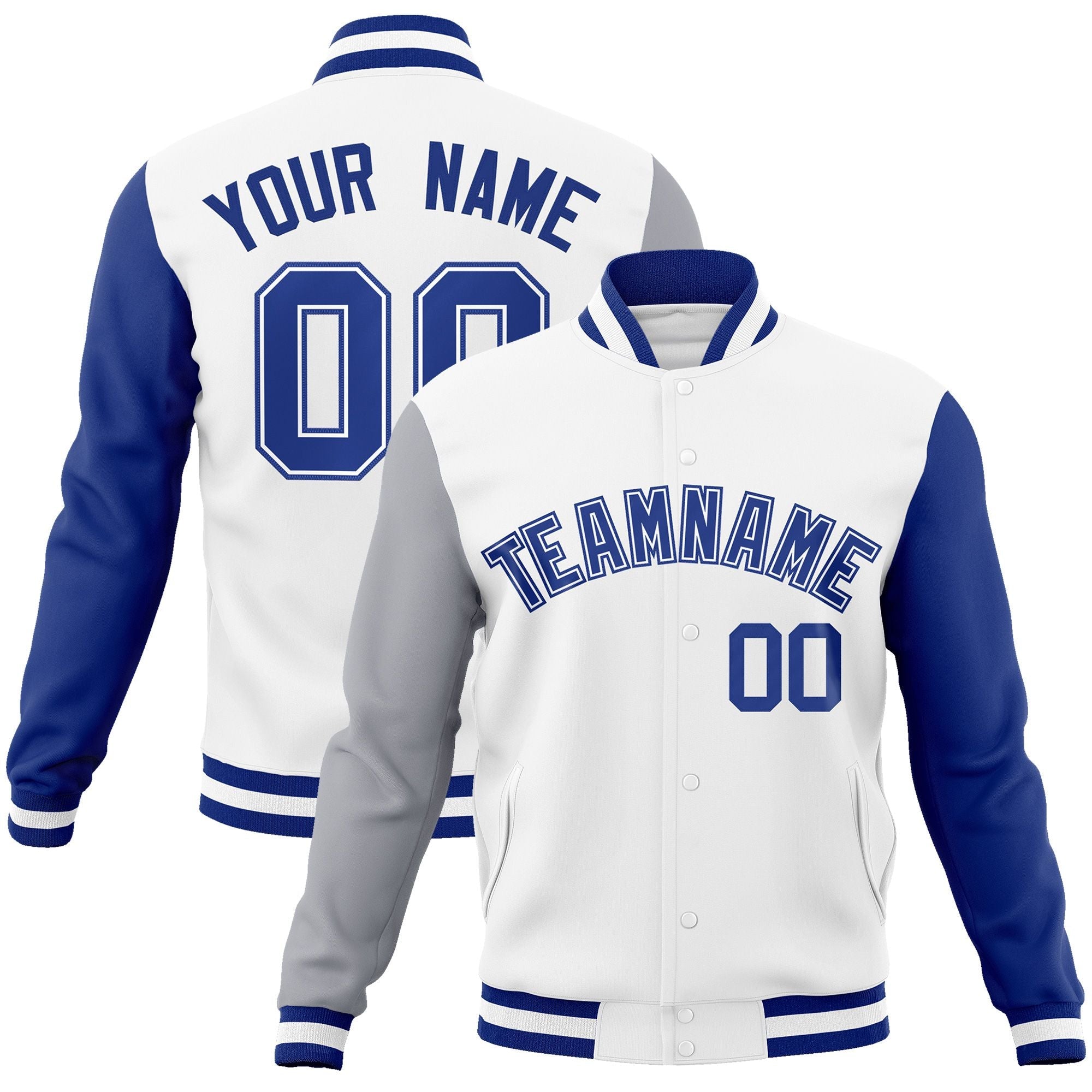 Custom White Royal-White Raglan Sleeves Varsity Full-Snap Letterman Jacket