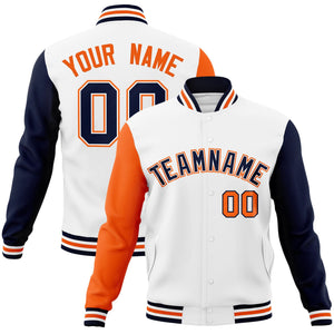 Custom White Navy-White Raglan Sleeves Varsity Full-Snap Letterman Jacket