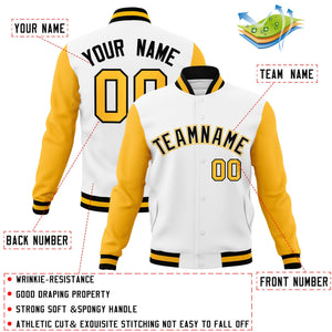 Veste Letterman Varsity Full-Snap à manches raglan blanc noir-blanc personnalisée