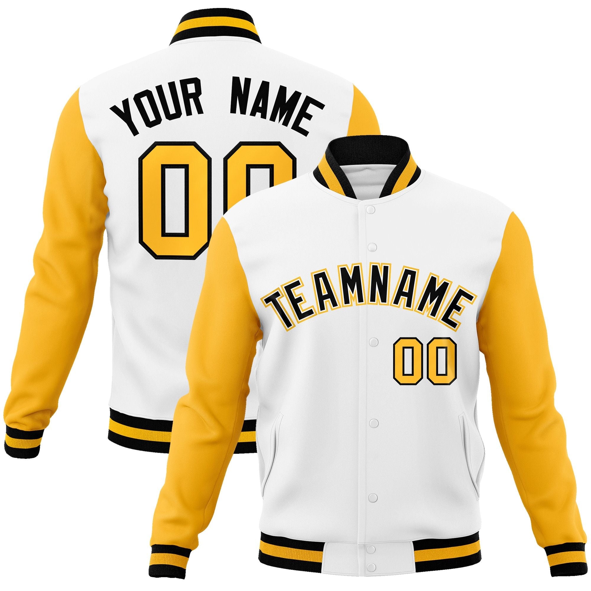 Custom White Black-White Raglan Sleeves Varsity Full-Snap Letterman Jacket