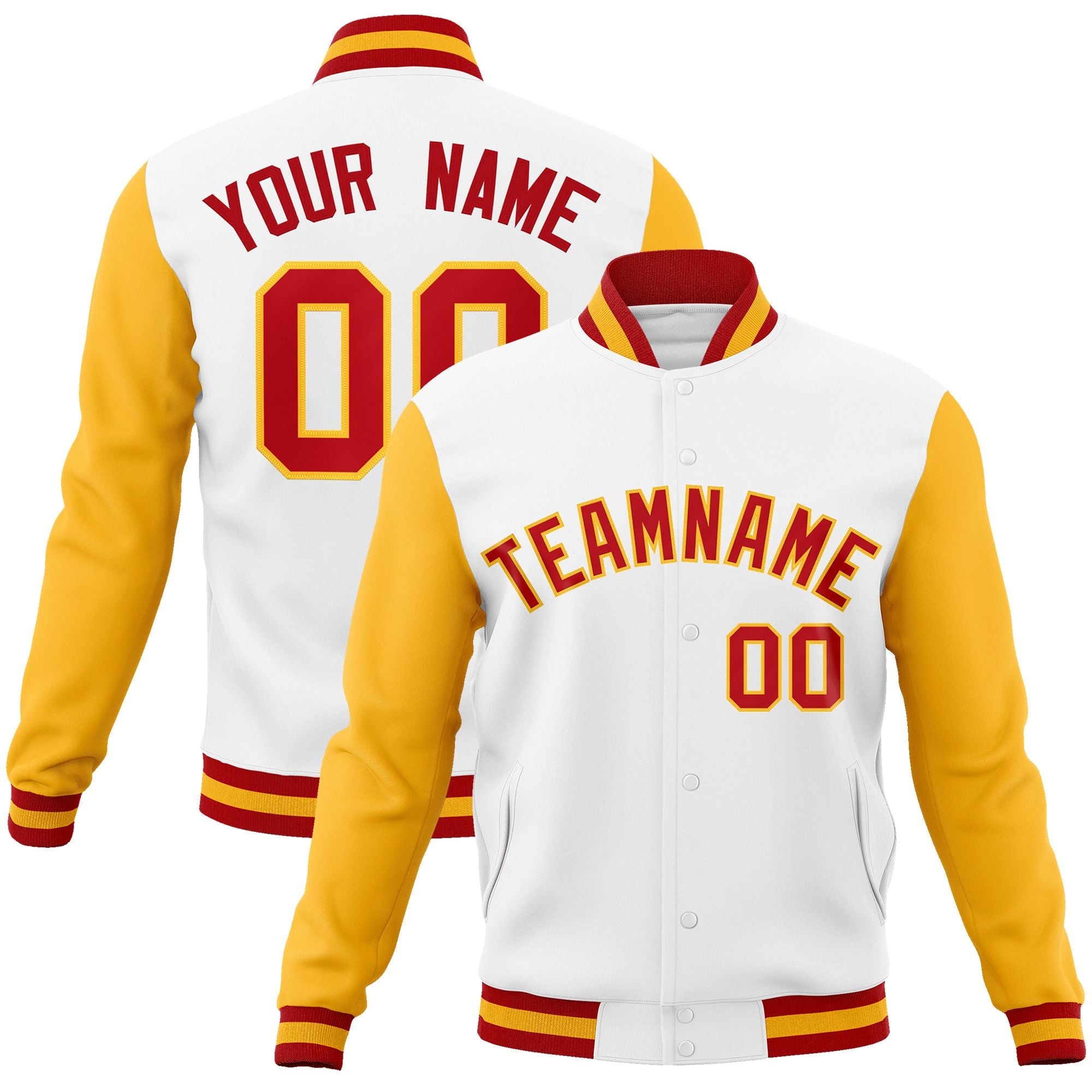 Custom White Red-Gold Raglan Sleeves Varsity Full-Snap Letterman Jacket