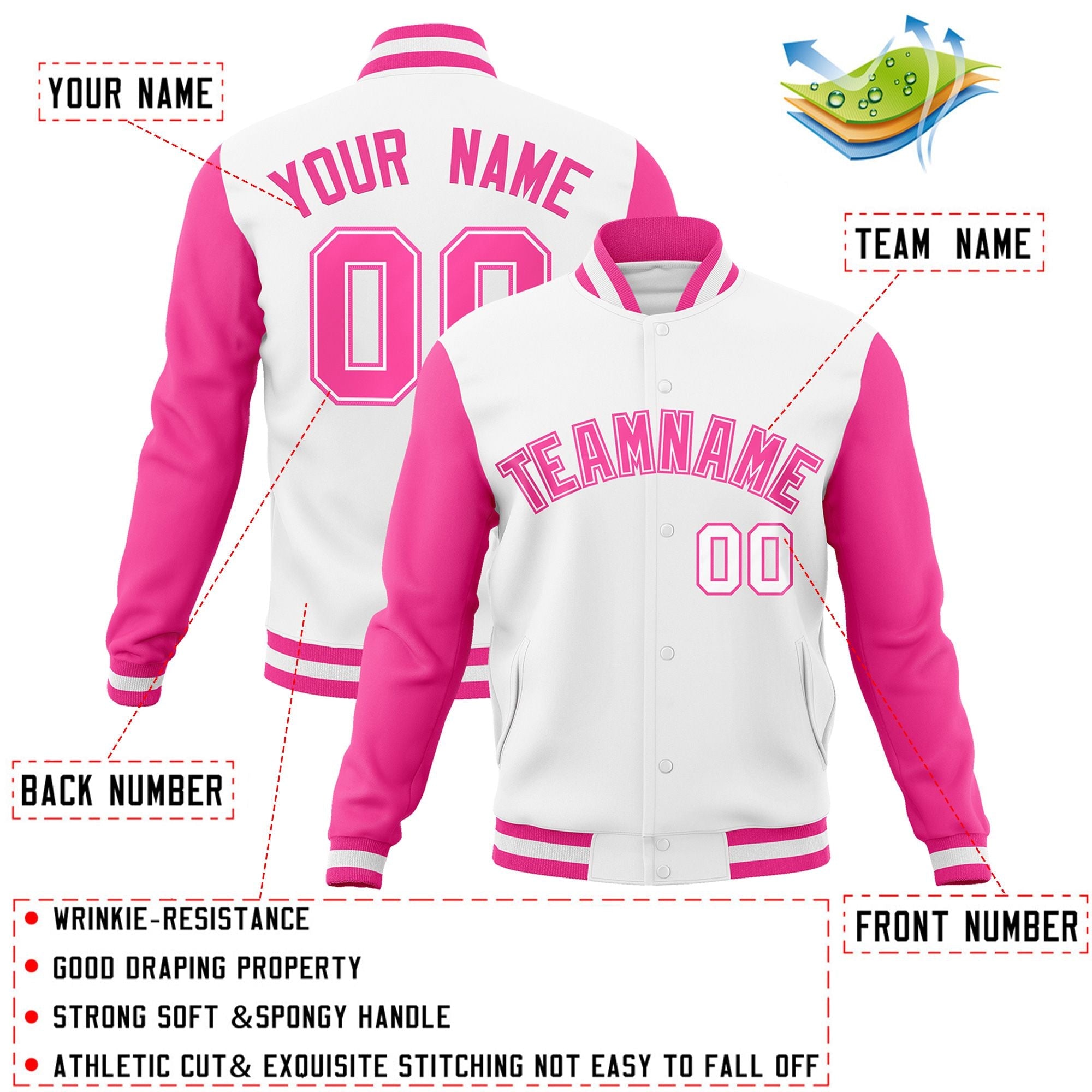 Veste Letterman Varsity Full-Snap à manches raglan blanc rose-blanc personnalisée