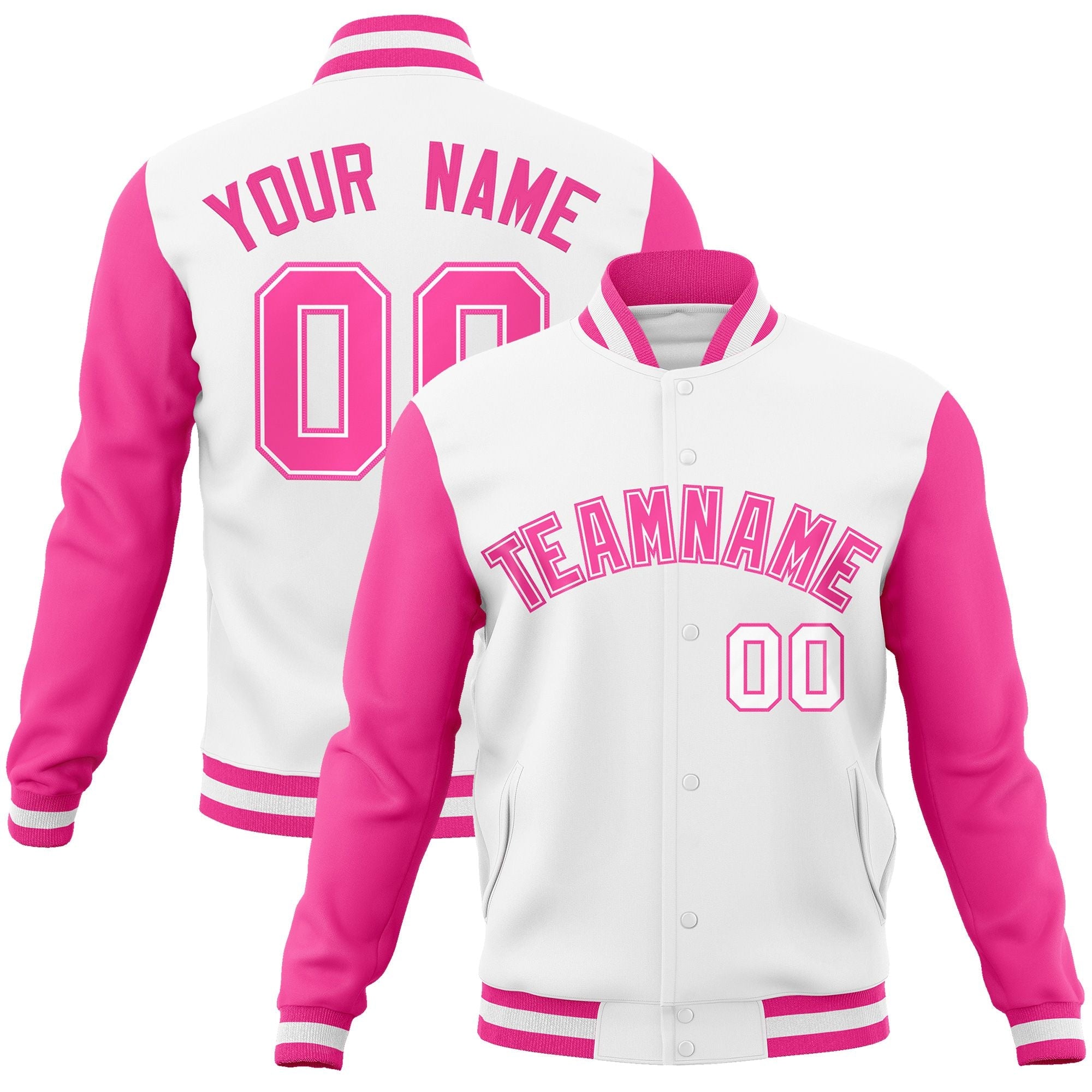 Custom White Pink-White Raglan Sleeves Varsity Full-Snap Letterman Jacket