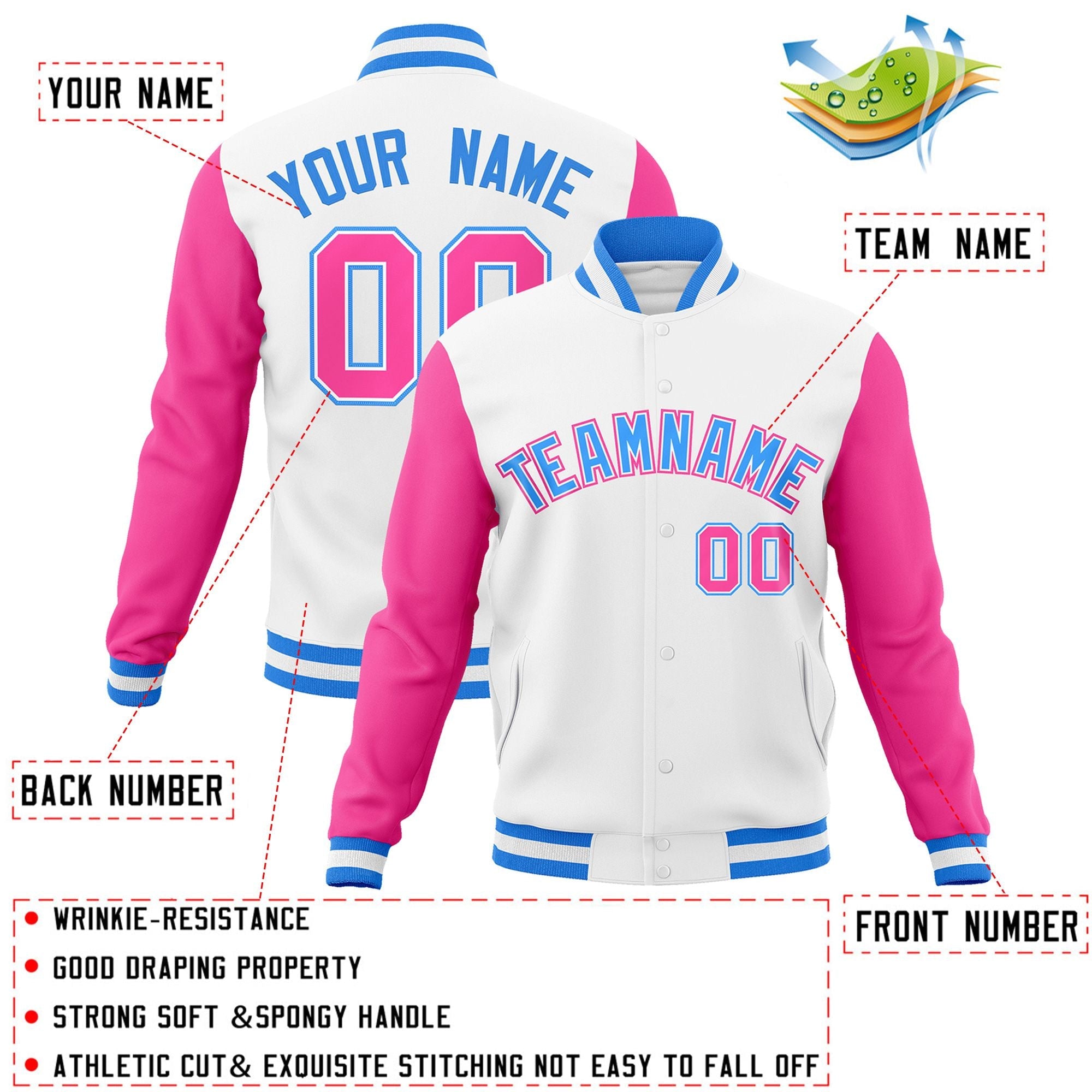 Custom White Powder Blue-White Raglan Sleeves Varsity Full-Snap Letterman Jacket