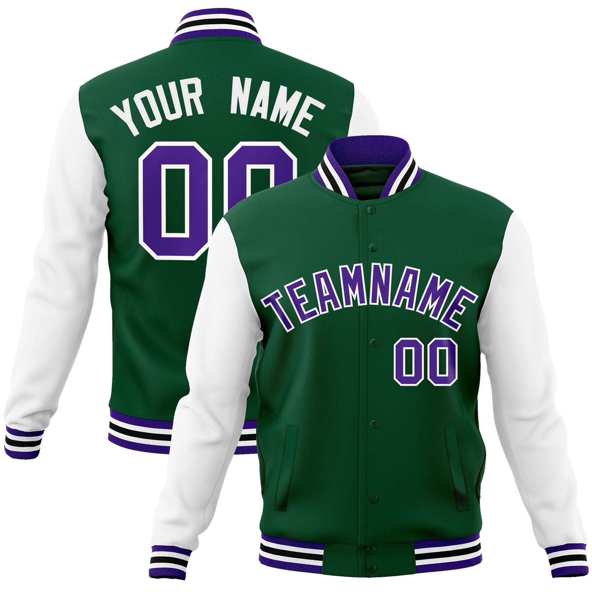 Custom Green Purple-White Raglan Sleeves Varsity Full-Snap Letterman Jacket