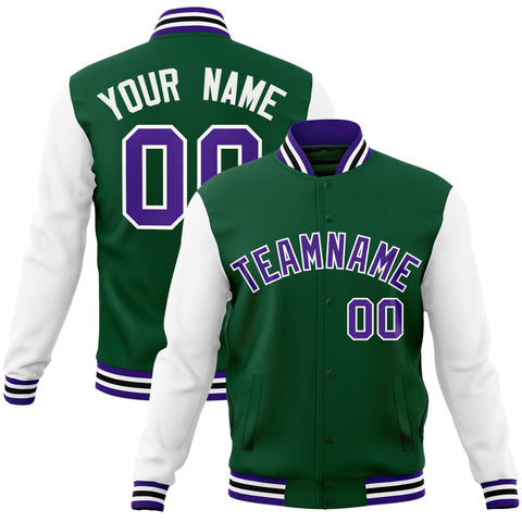 Custom Green Purple-White Raglan Sleeves Varsity Full-Snap Letterman Jacket