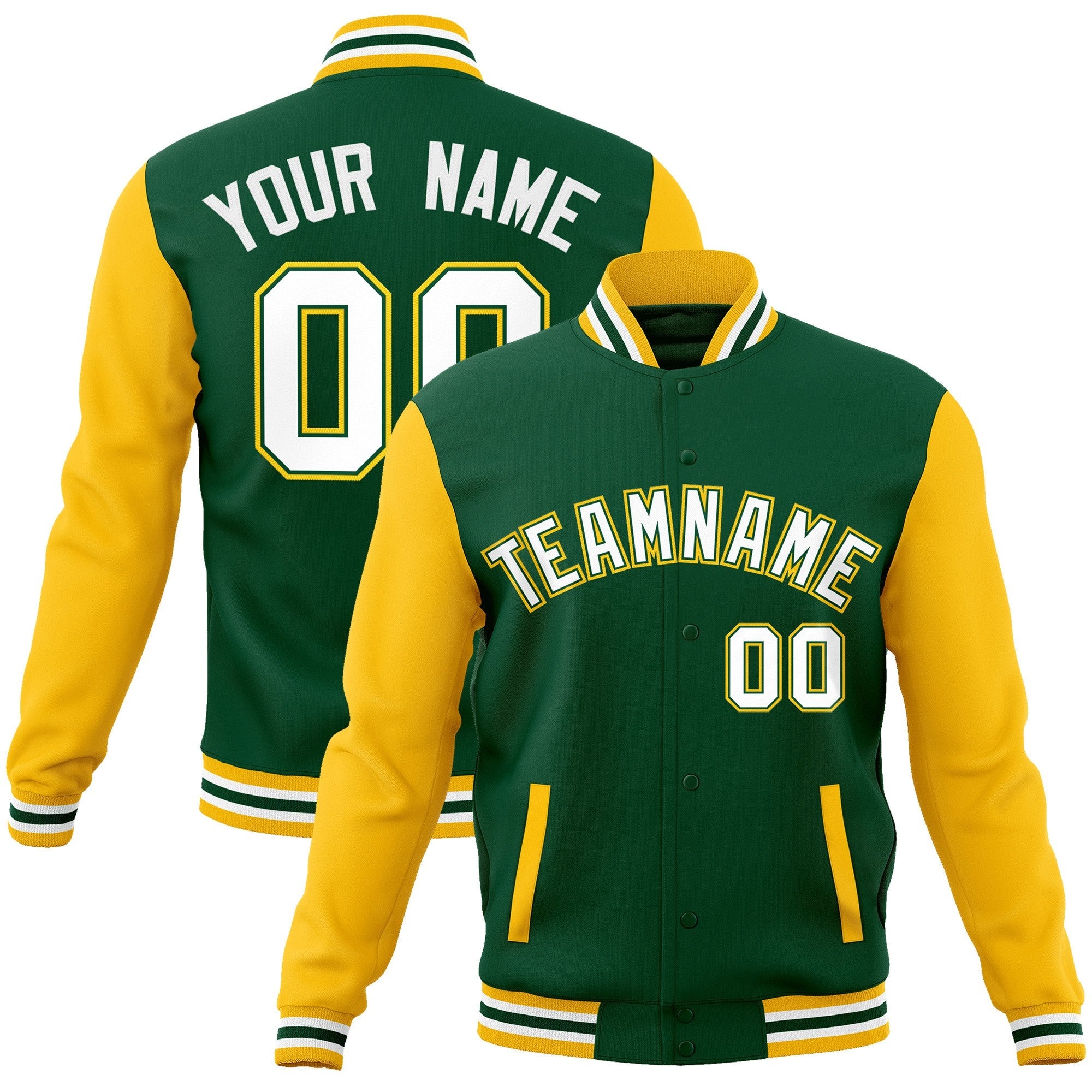 Custom Green White-Green Raglan Sleeves Varsity Full-Snap Letterman Jacket