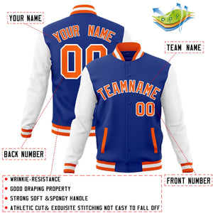 Custom Royal Orange-White Raglan Sleeves Varsity Full-Snap Letterman Jacket