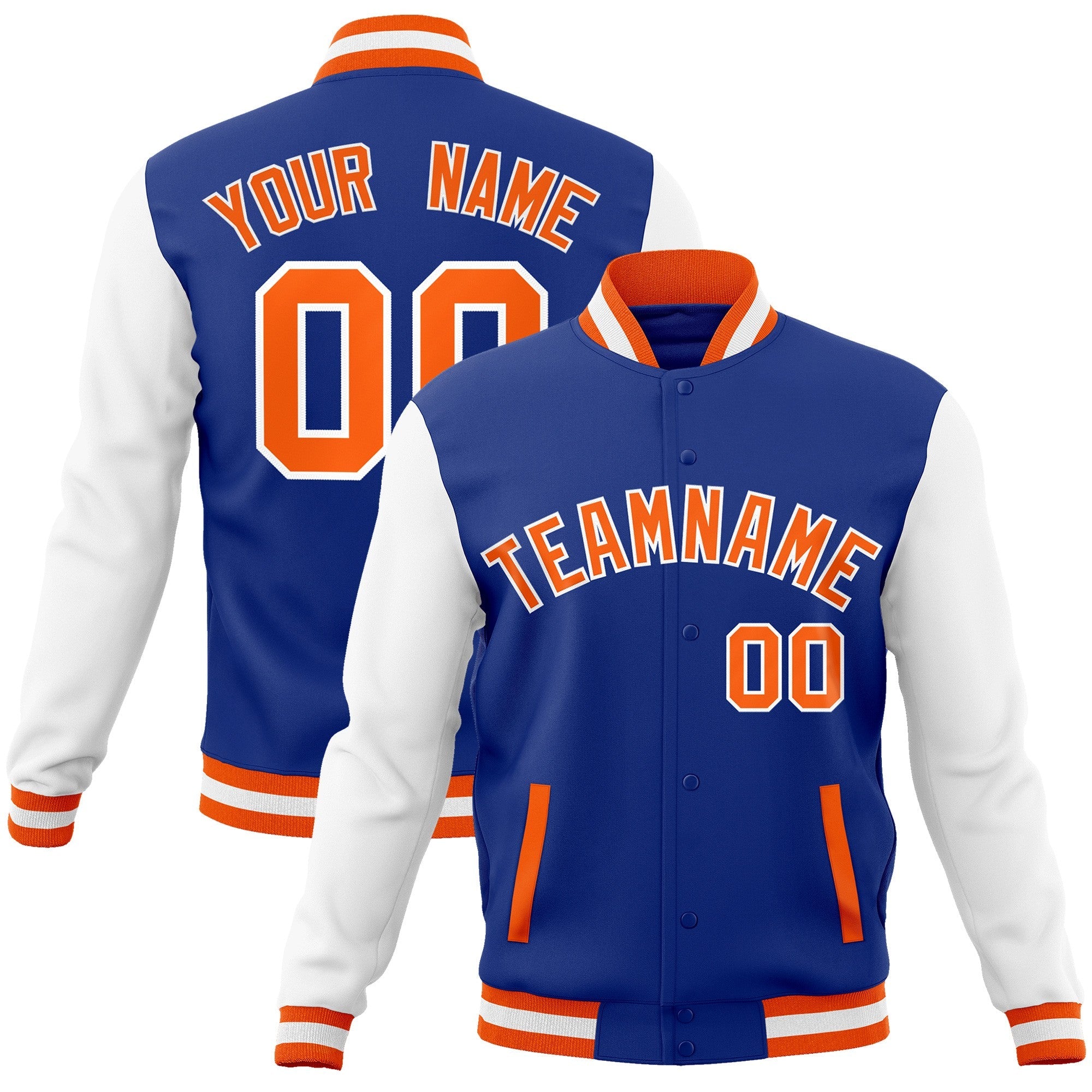 Custom Royal Orange-White Raglan Sleeves Varsity Full-Snap Letterman Jacket