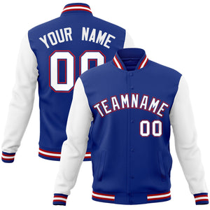 Custom Royal White-Royal Raglan Sleeves Varsity Full-Snap Letterman Jacket